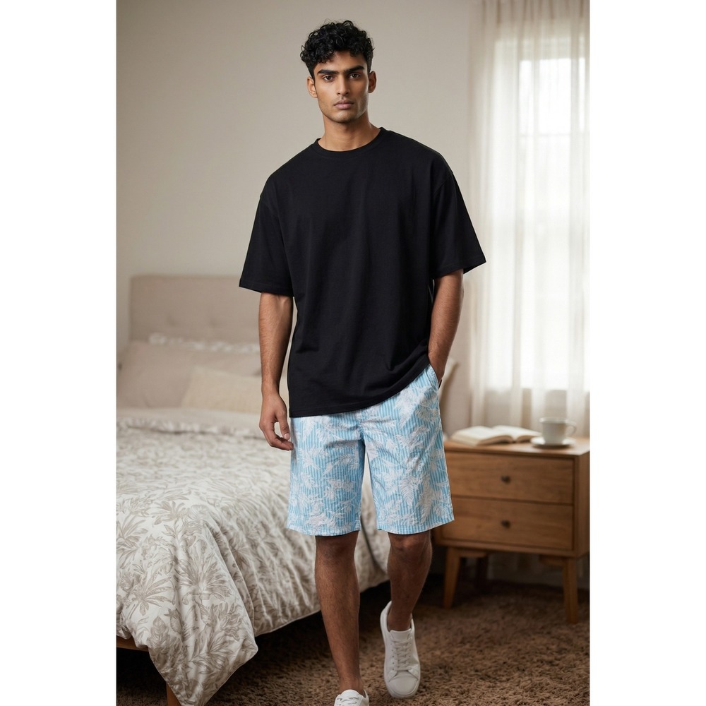 Tommy Bahama Mens Blue White Striped Tropical Leaf Cotton Sleep Shorts Medium‎